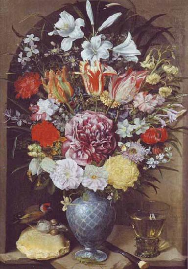 Blumen, Romer und Stieglitz auf Weissbrotwecken in einer Nische, Georg Flegel